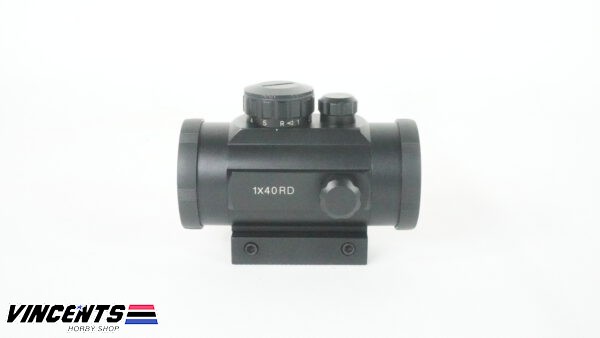 With standard and aluminum rail mount With elevation and windage adjustment screw With battery house Magnification: 1x Lens Diameter: 30 mm Illumination: red and green dot volume control